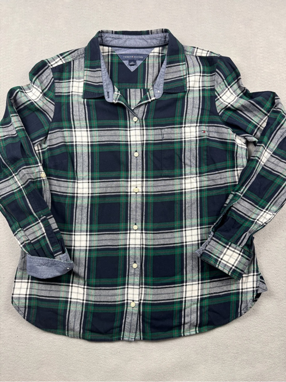 Tommy Hilfiger Button Up Flannel Shirt Womens Large Blue Green Plaid Roll Tab